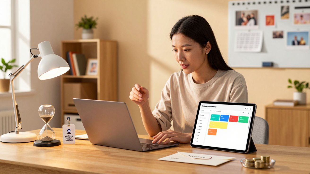 Mulher a trabalhar num portátil numa mesa, com um tablet ao lado e ambiente de escritório ao fundo.