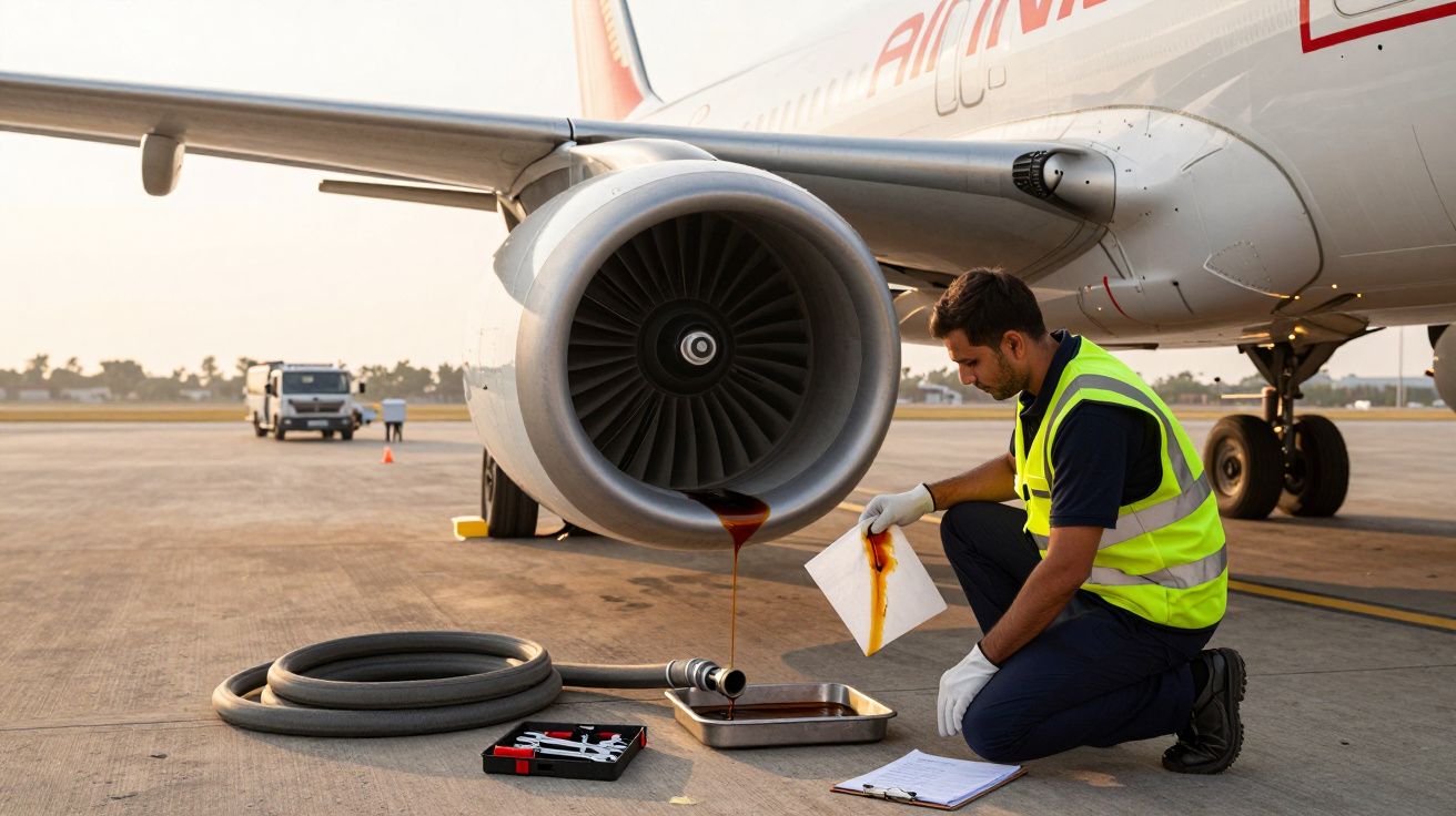 Técnico verificando o motor de um avião no aeroporto, óleo escorrendo para uma bandeja no chão.