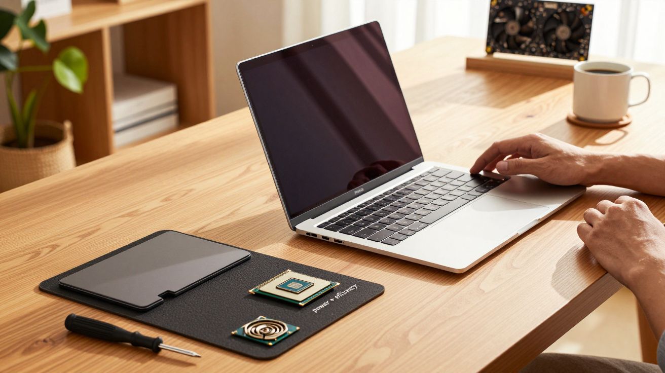 Mesa com portátil aberto, componentes eletrónicos, chávena de café e mão a interagir com o computador.