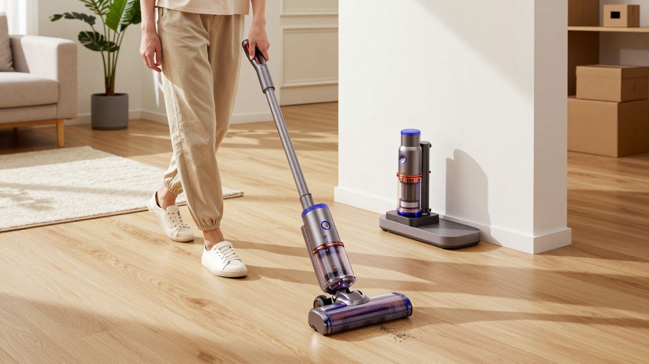 Pessoa a aspirar o chão de madeira com aspirador vertical moderno numa sala com sofá e planta.