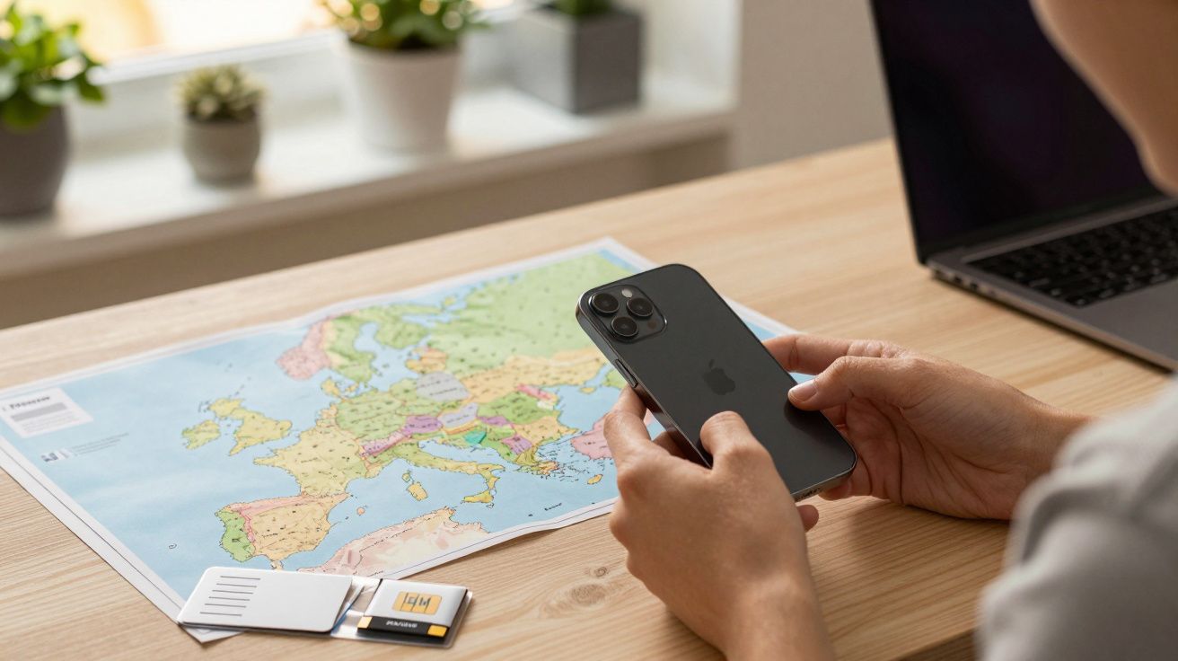 Pessoa segura um smartphone preto em frente a um mapa da Europa, com um portátil e cartão SIM na mesa.