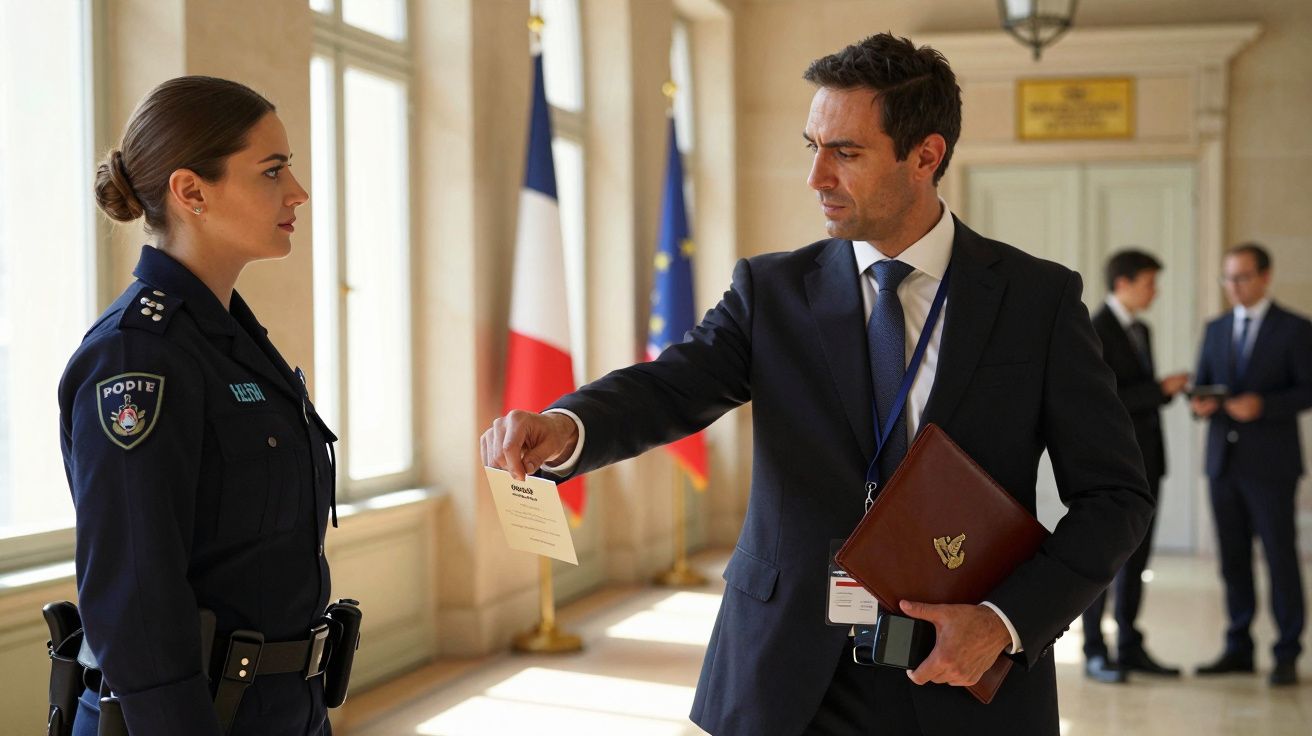 Policial em uniforme recebe um documento de um homem em fato num corredor com bandeiras ao fundo.