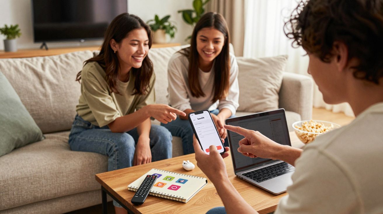 Três jovens num sofá, olhando para um telemóvel. Mesa com portátil, caderno e comando à frente.
