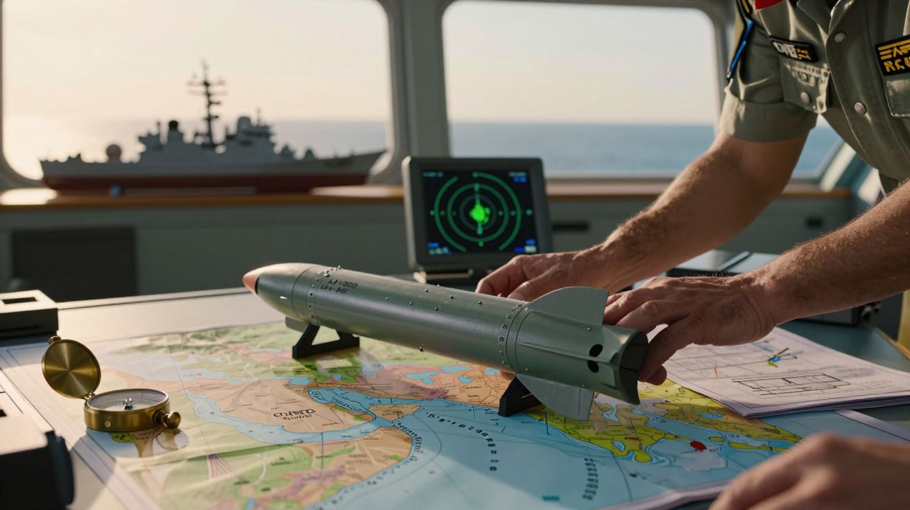Modelo de míssil sobre mapa náutico em mesa de comando, com radar e bússola ao fundo.