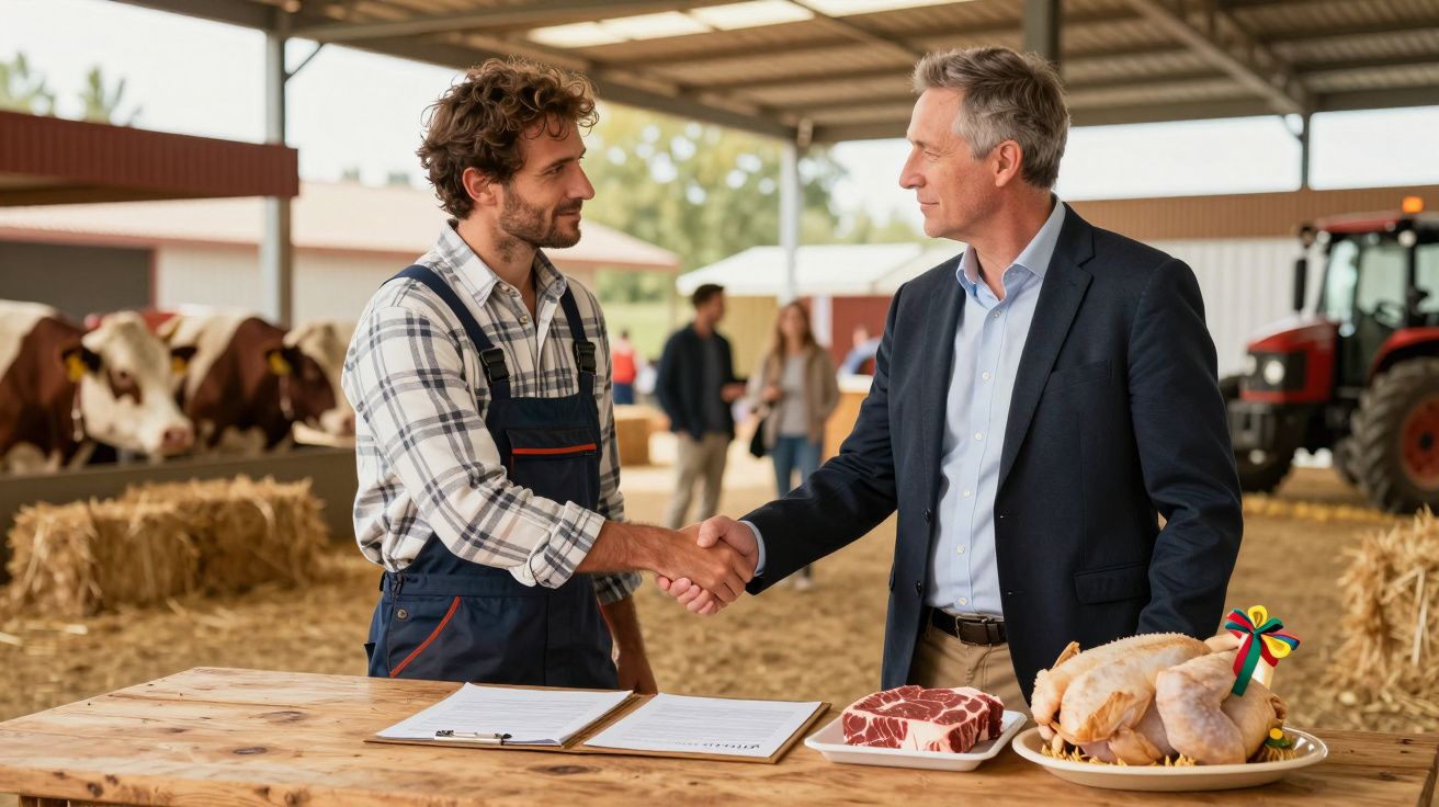 Agricultor e homem de negócios apertam as mãos num celeiro, com carne e aves expostas numa mesa.