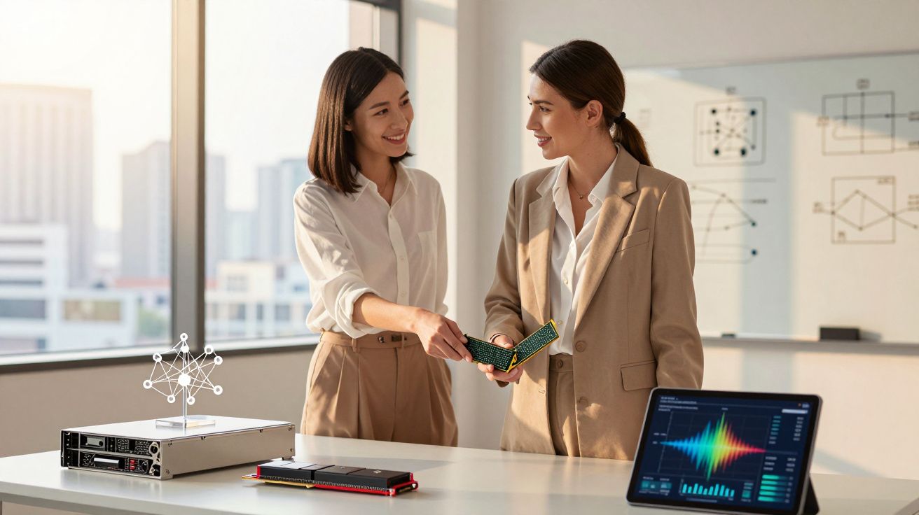 Duas mulheres discutem um circuito impresso num escritório moderno, com gráficos no fundo e tablet na mesa.