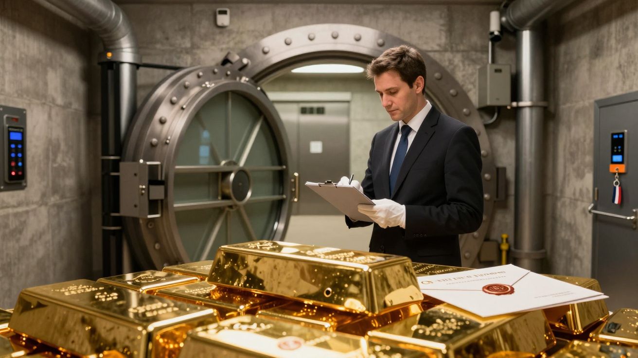 Homem de fato e luvas inspeciona barras de ouro num cofre bancário.