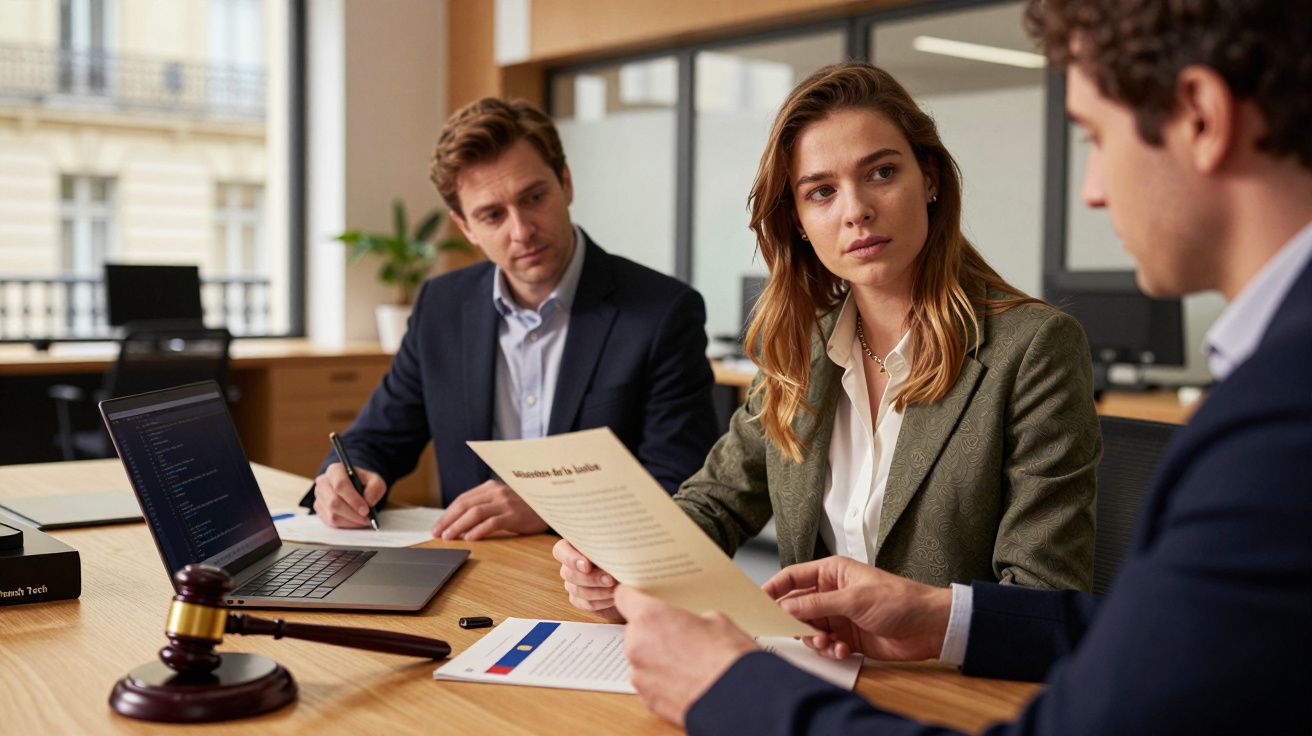Três pessoas em reunião numa sala de conferências; duas analisam um documento. Martelo de juiz sobre a mesa.