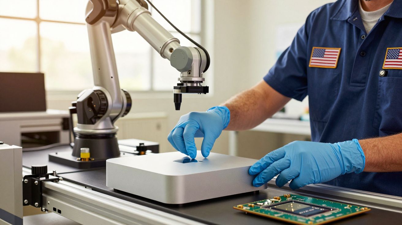 Braço robótico e técnico com luvas azuis manuseiam equipamento eletrônico numa linha de produção.