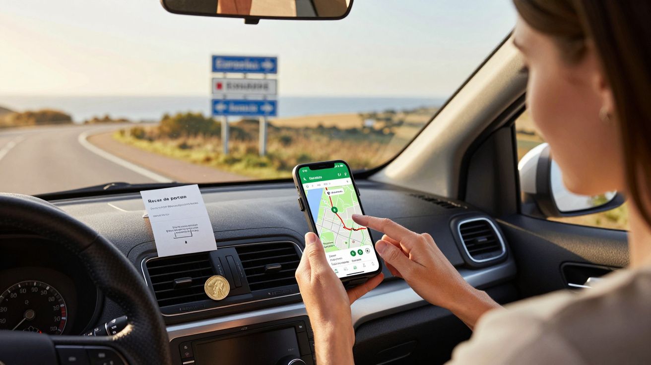 Mulher a conduzir, a usar GPS no telemóvel. Estrada, sinal de trânsito ao fundo.