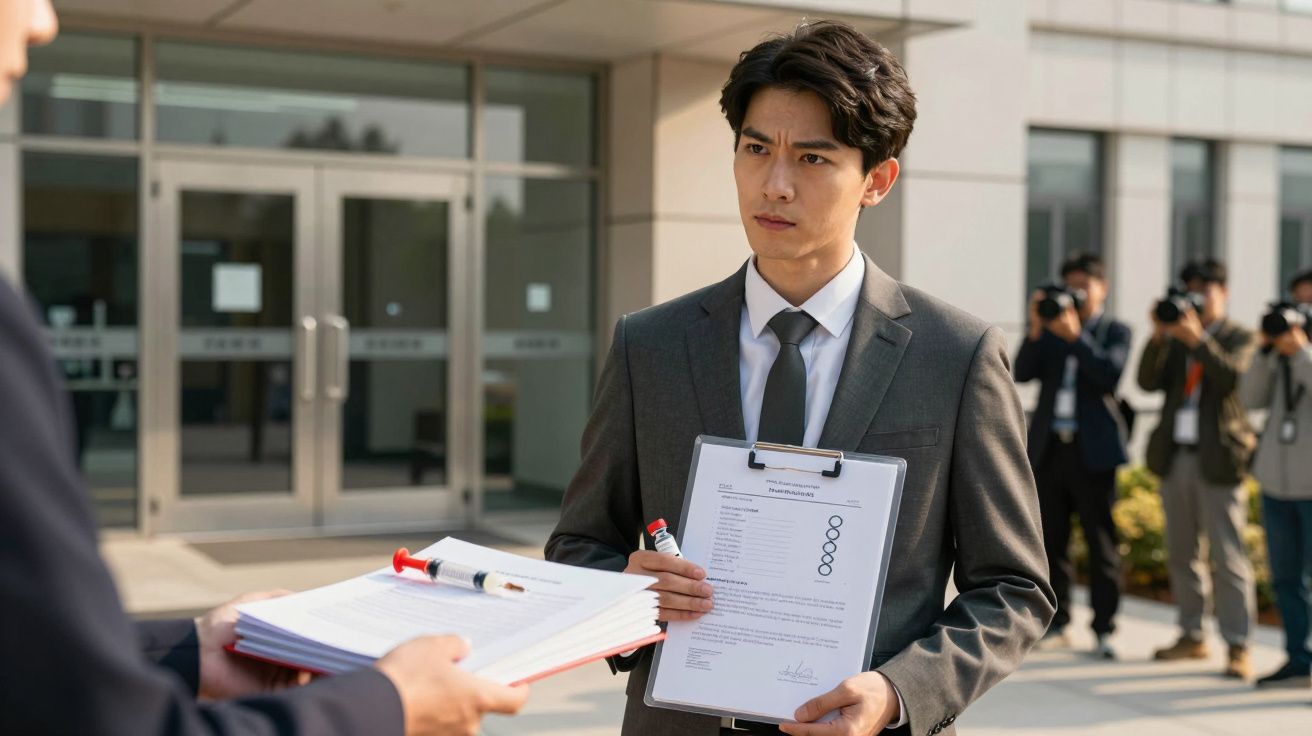 Homem de fato cinza segura prancheta e papéis em frente a prédio, enquanto jornalistas fotografam ao fundo.