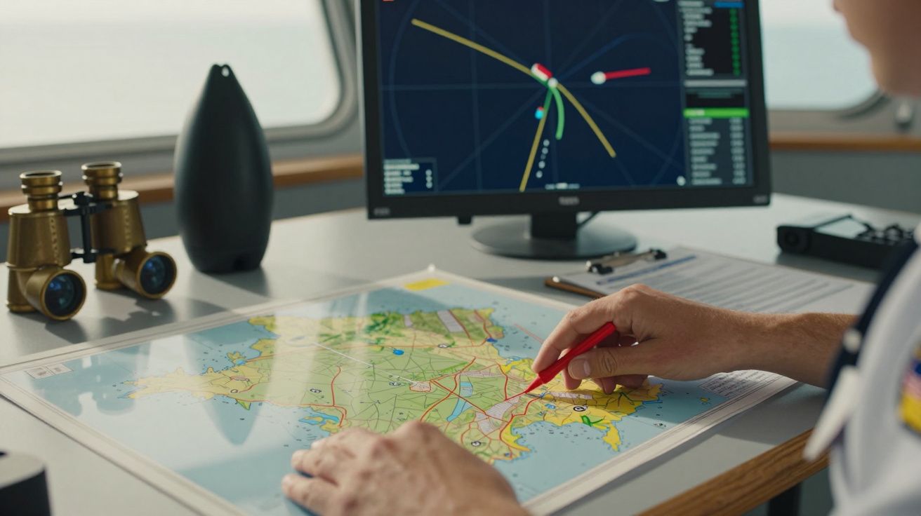 Pessoa traçando rota num mapa, com computador exibindo radar ao fundo e binóculos ao lado.