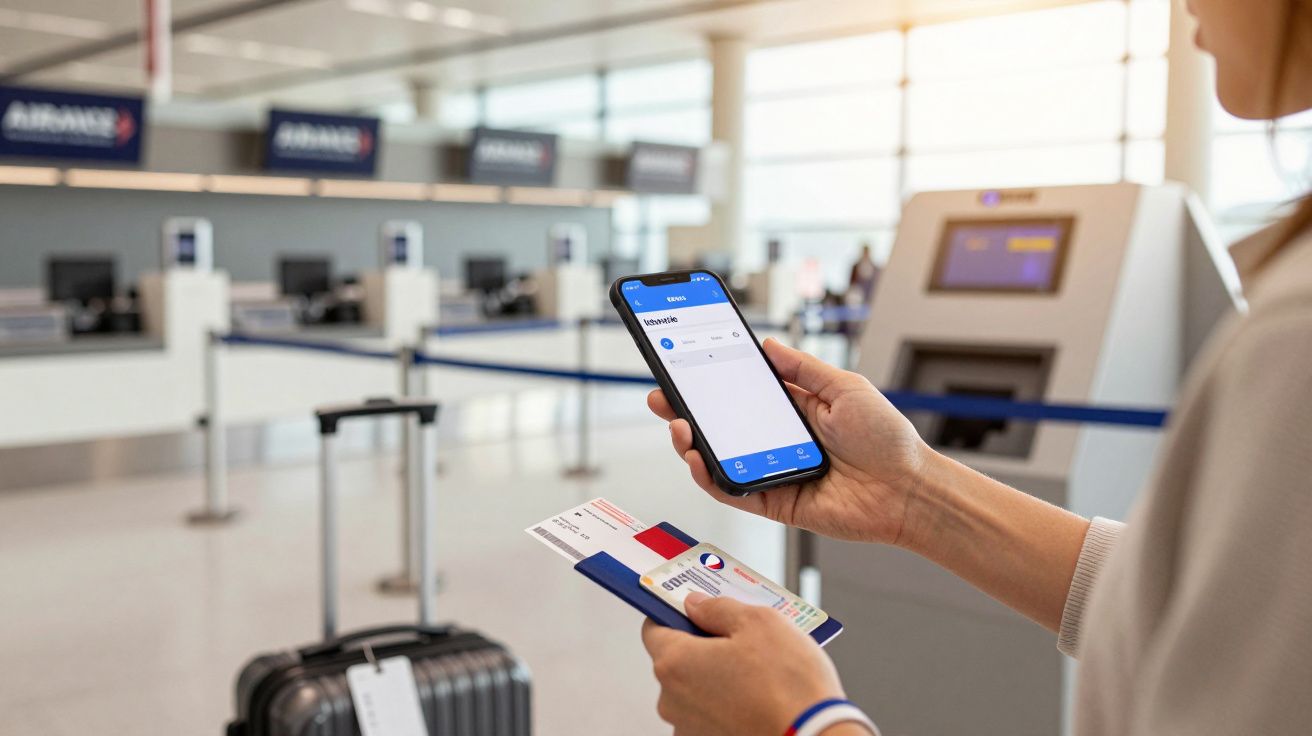 Pessoa segura smartphone e bilhetes de avião num aeroporto, com malas e balcões de check-in ao fundo.