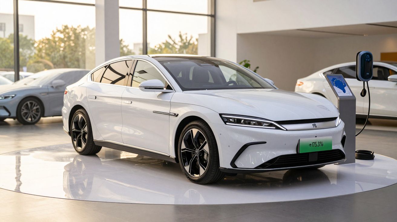 Carro elétrico branco moderno em exposição numa sala com janelas grandes e estação de carregamento.
