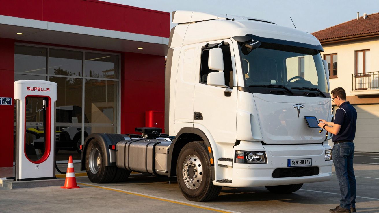 Camião elétrico branco numa estação de carregamento com homem a consultar um tablet ao lado.