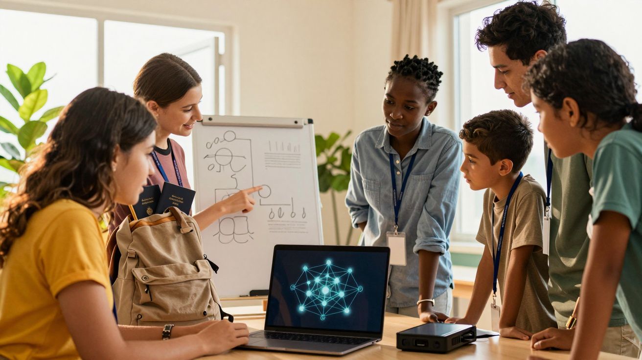 Grupo de pessoas discutindo gráficos numa sala, com um portátil a mostrar uma rede digital numa mesa.