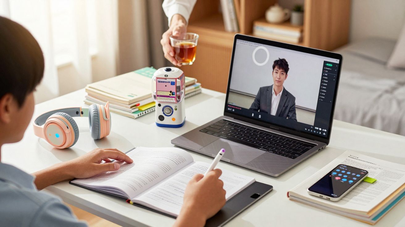 Pessoa a estudar com portátil, caderno, robô pequeno e auscultadores numa mesa; alguém entrega um copo de chá.