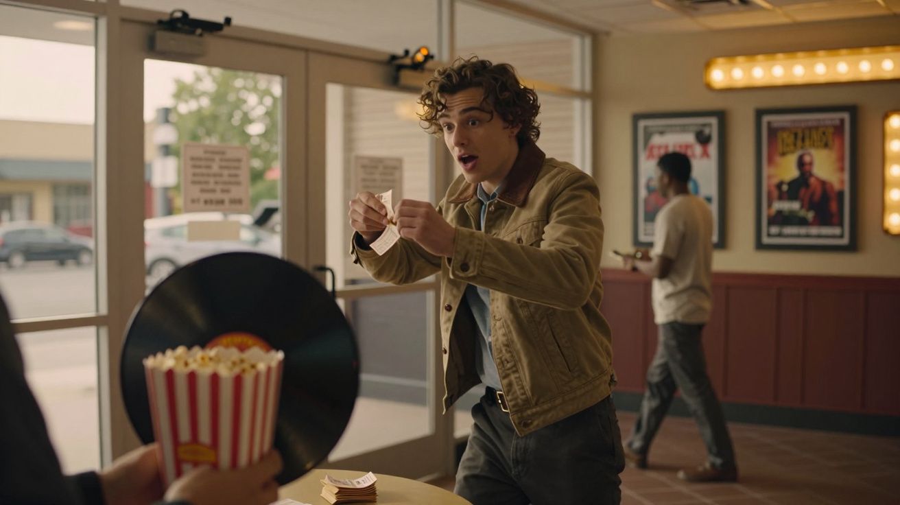 Um jovem com casaco bege e cabelo encaracolado segura bilhetes, surpreso, em cinema com cartazes na parede.