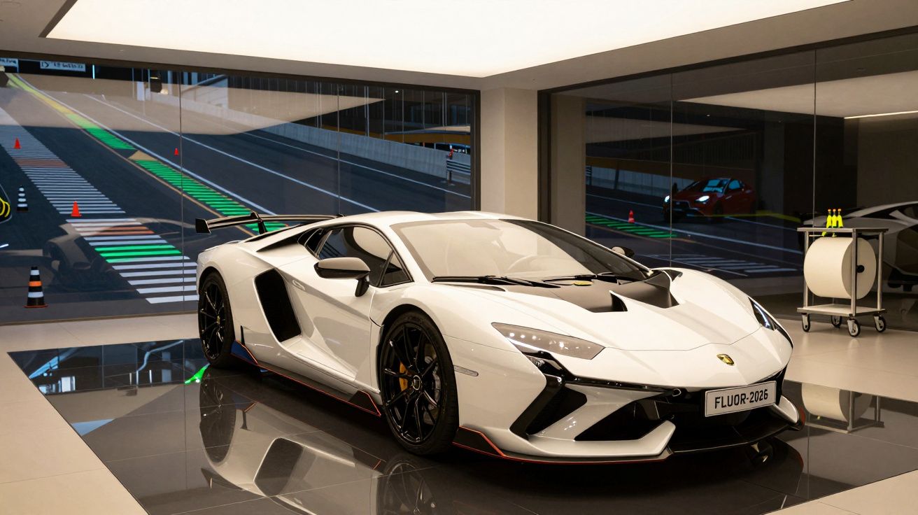 Carro desportivo branco num show room moderno com janelas grandes e pista simulada ao fundo.