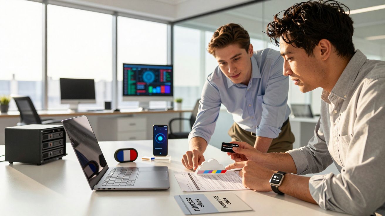 Dois homens discutem gráficos em escritório moderno, com laptop, monitor e smartphone sobre a mesa.