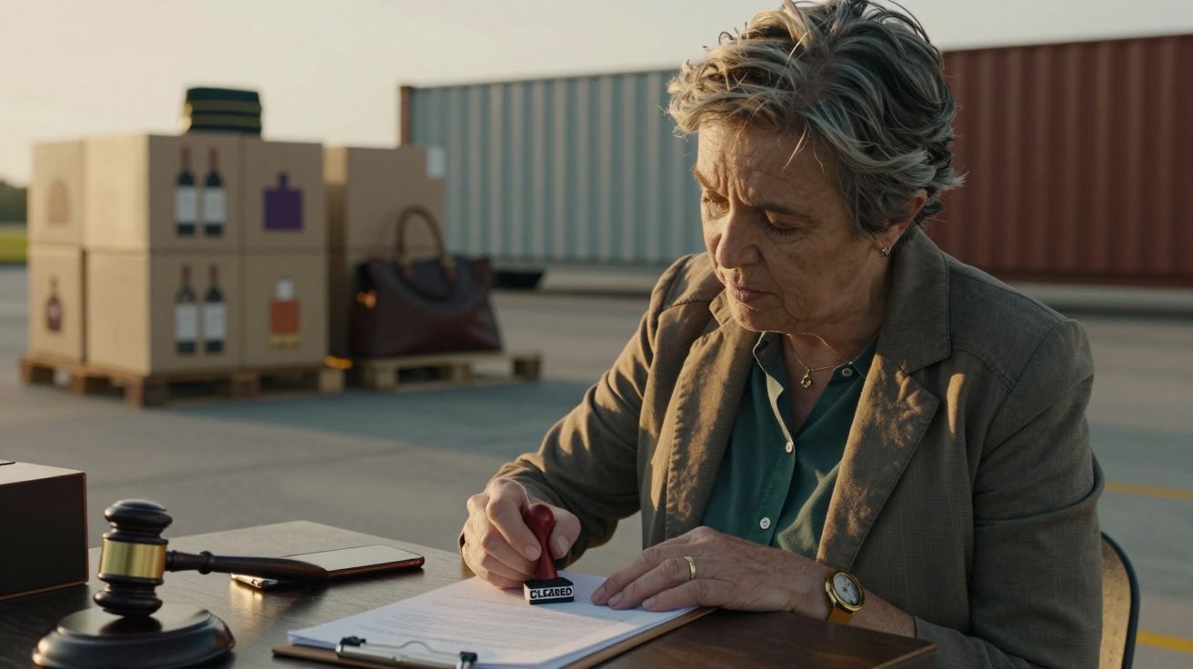 Mulher carimba documento em ambiente de carga com contentores e caixas ao fundo.