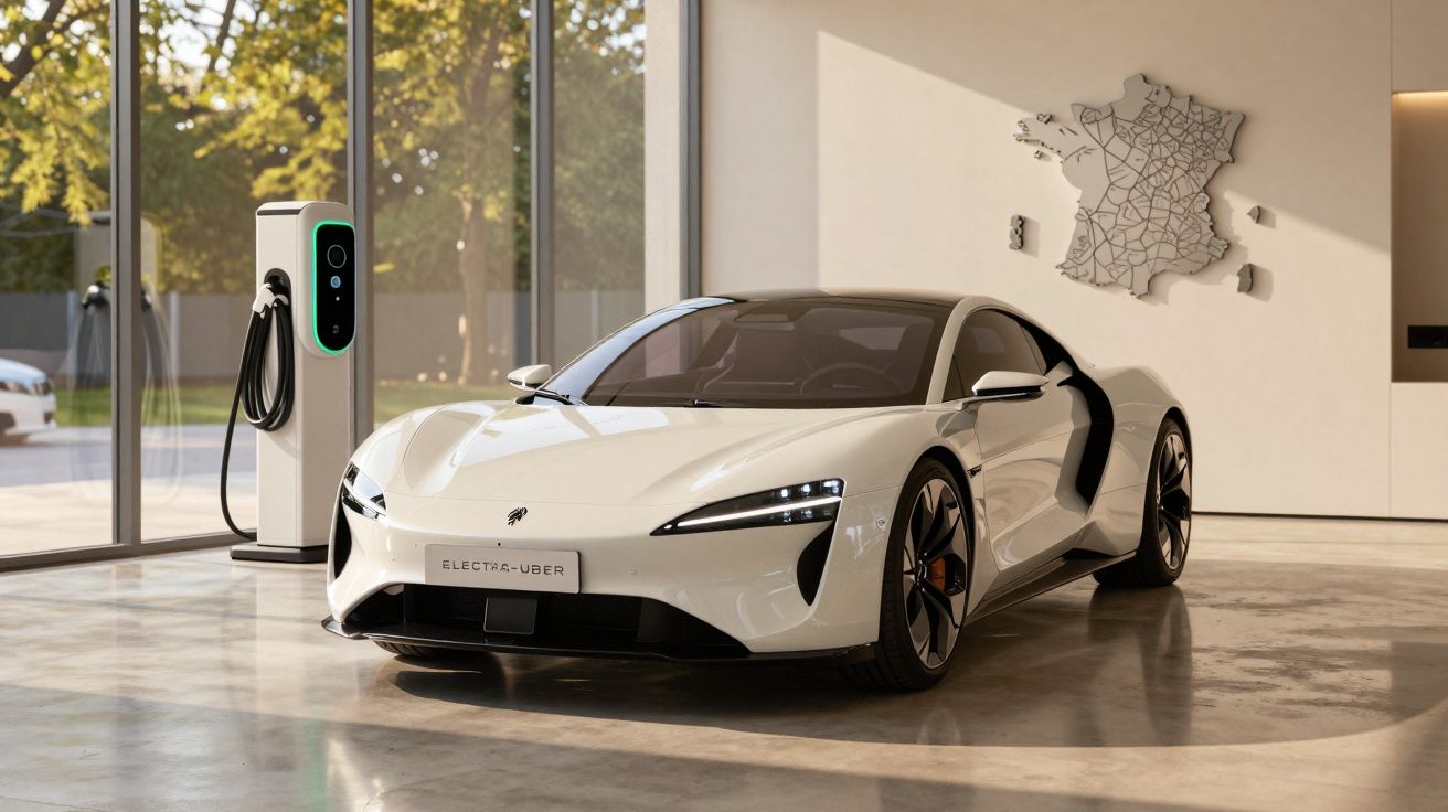 Carro desportivo elétrico branco a carregar numa estação, num showroom moderno, com mapa de França na parede.