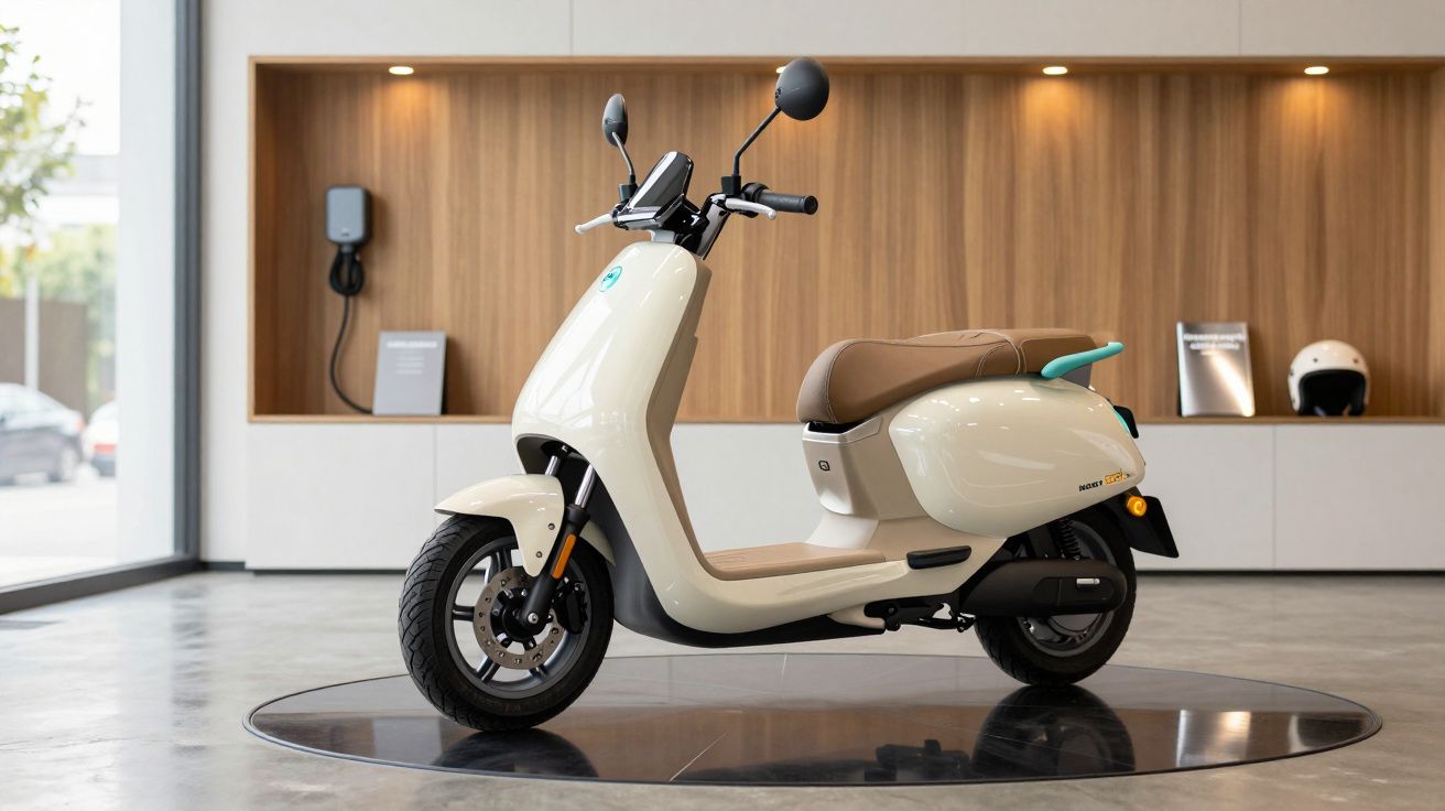 Scooter elétrica bege em exposição numa sala moderna com fundo de madeira e iluminação suave.