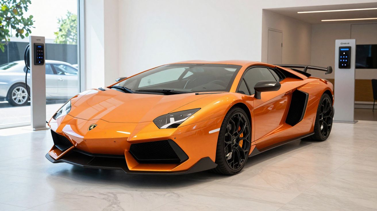 Carro desportivo laranja em exposição numa sala, com carregadores elétricos ao fundo.