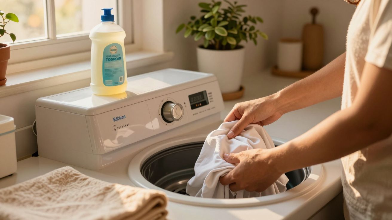 Pessoa carregando uma máquina de lavar com roupa branca, janela e plantas ao fundo, detergente sobre a máquina.