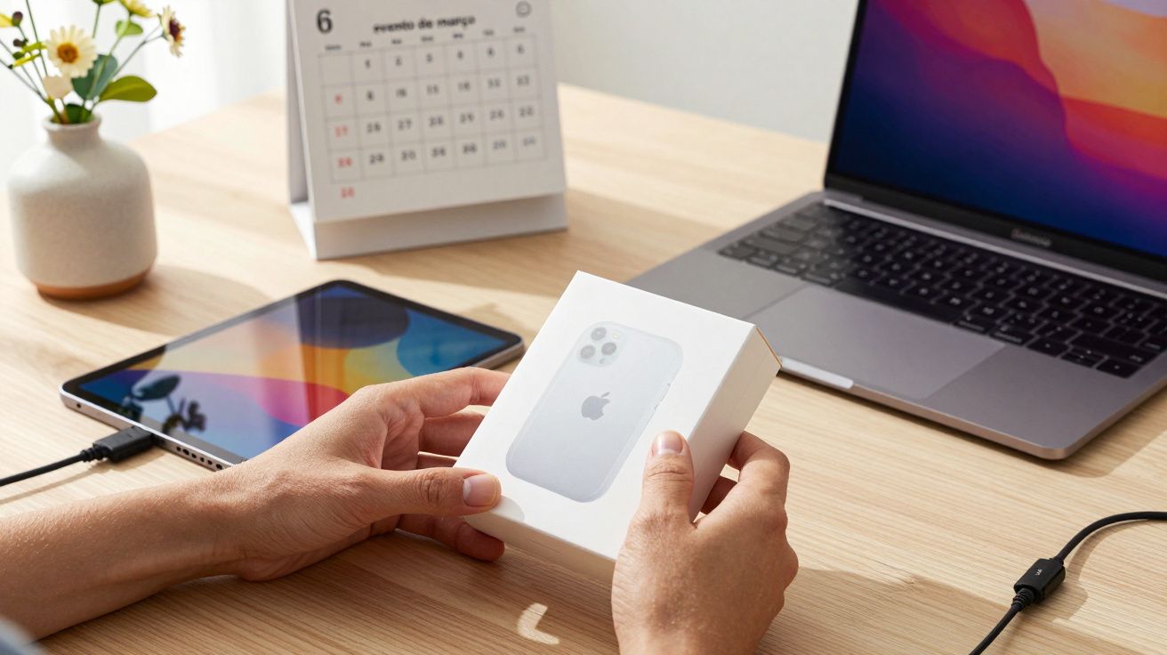 Mãos segurando caixa de smartphone num escritório com portátil, tablet e calendário sobre a mesa.