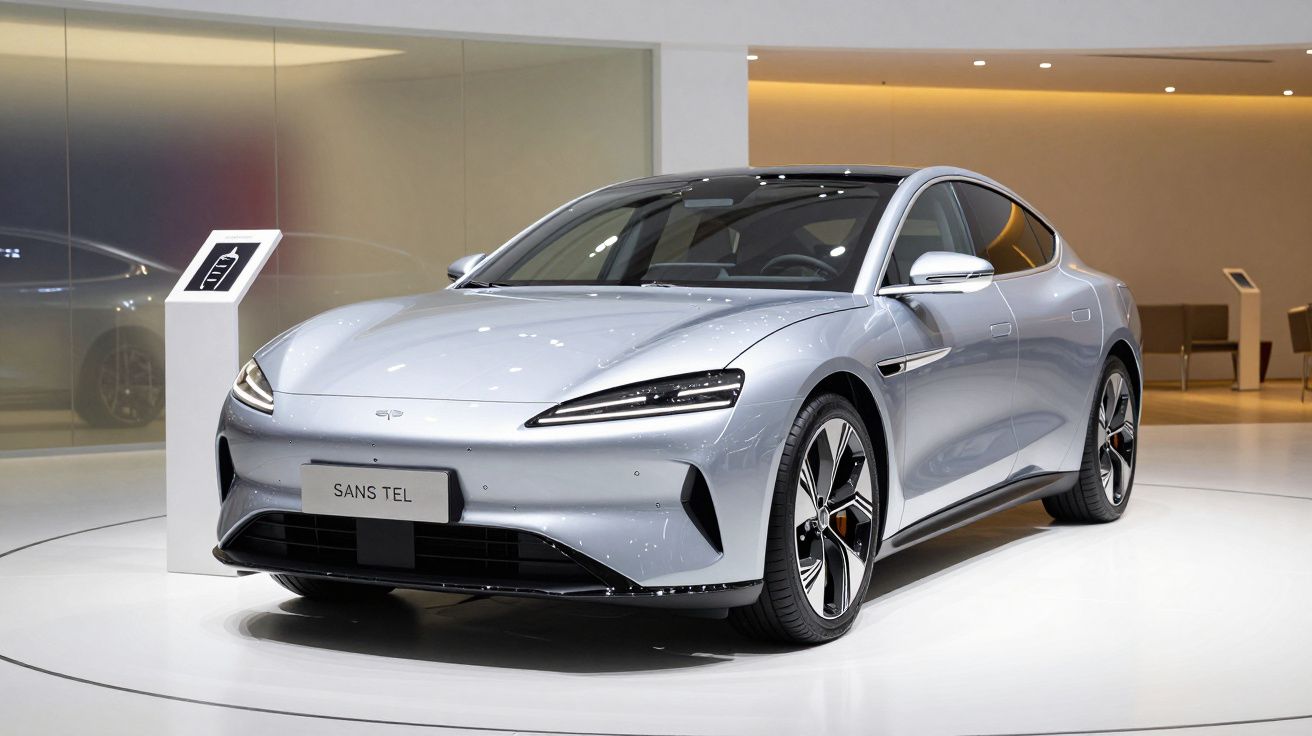 Carro elétrico prateado exposto num showroom moderno, com design elegante e linhas aerodinâmicas.