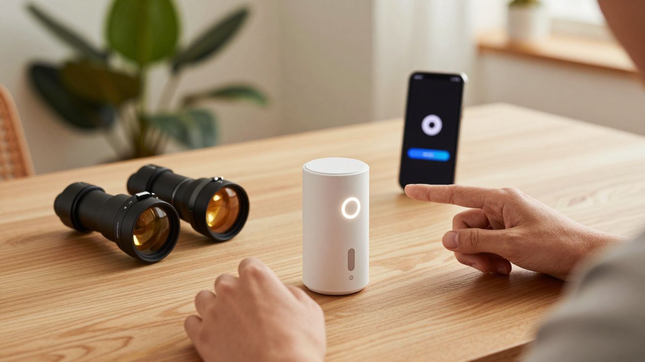 Pessoa a acionar um dispositivo cilíndrico branco numa mesa, com binóculos e telemóvel ao fundo.
