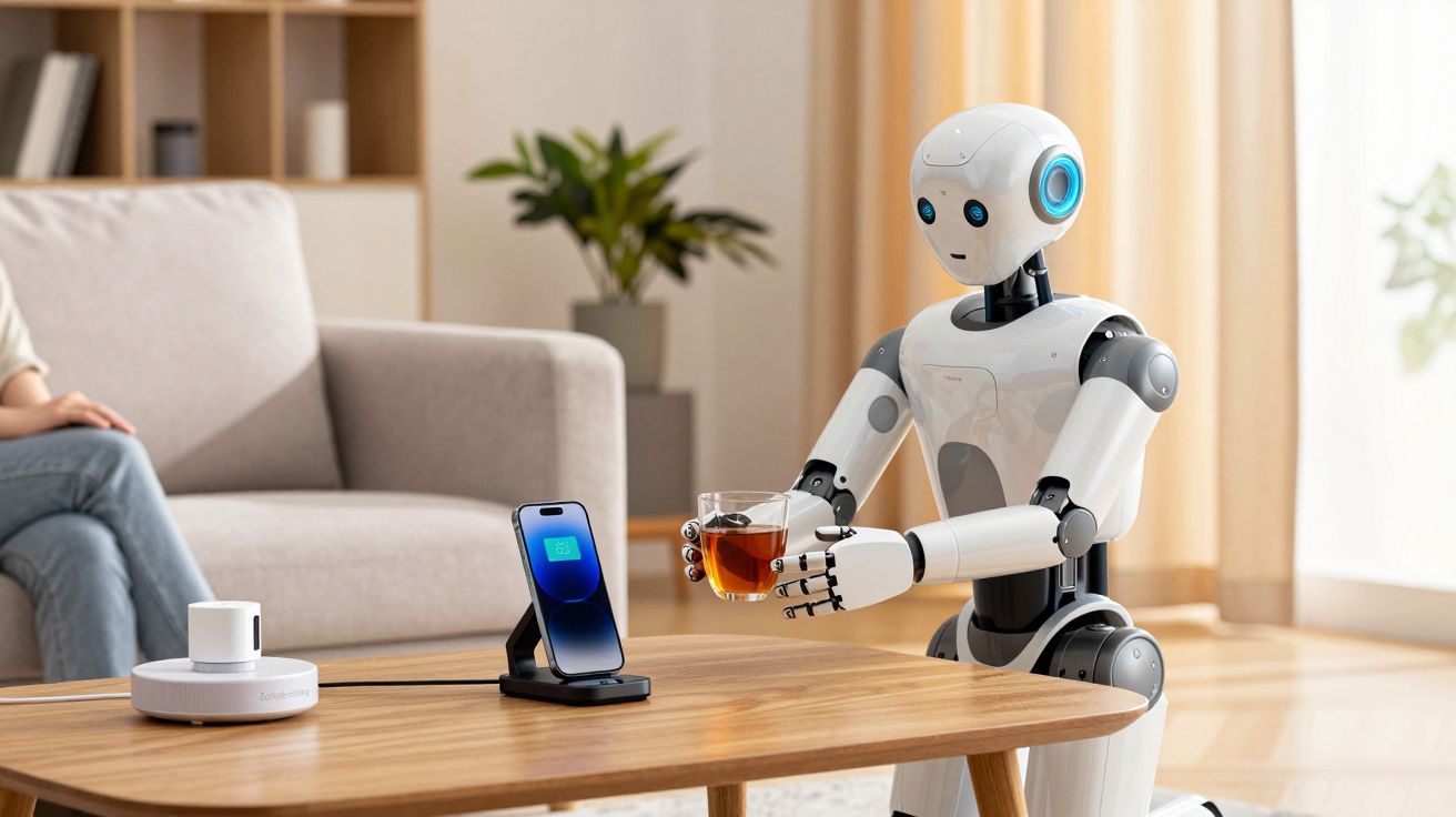 Robô branco serve chá numa sala moderna, ao lado de uma pessoa sentada no sofá.