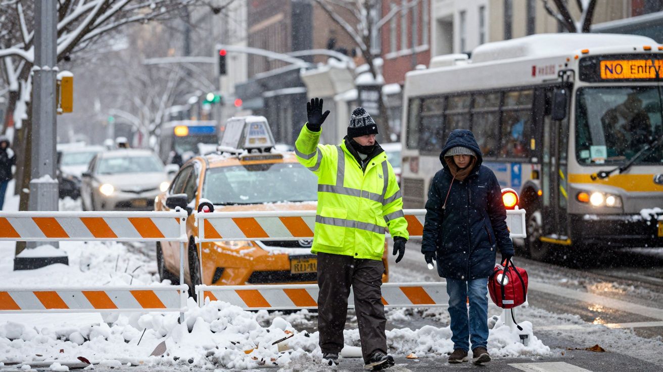 Pessoa de colete refletor gesticulando na rua nevada com táxi e autocarro ao fundo, ao lado de um pedestre.