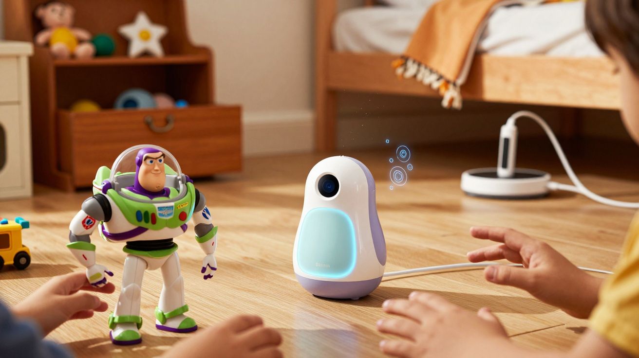Crianças brincam no quarto com robô interativo e figura de ação num chão de madeira.