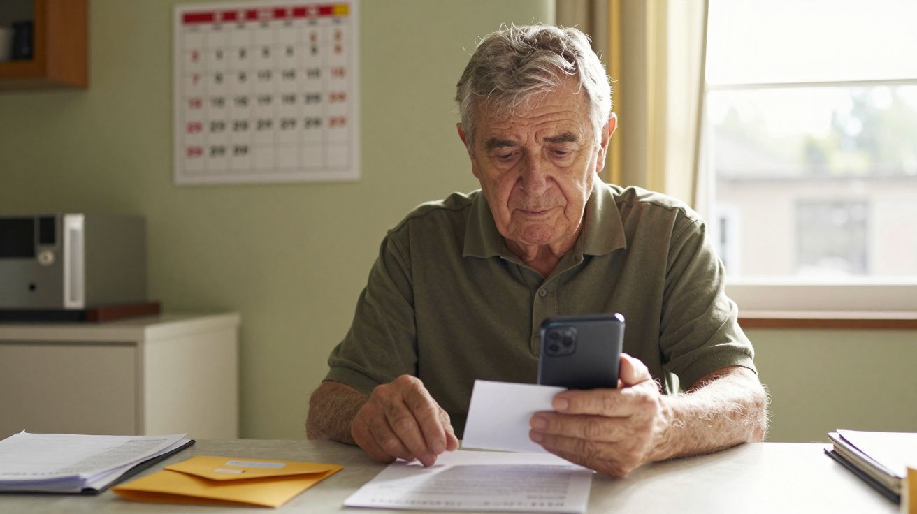 Homem idoso sentado à mesa, olhando para um telemóvel e segurando documentos.