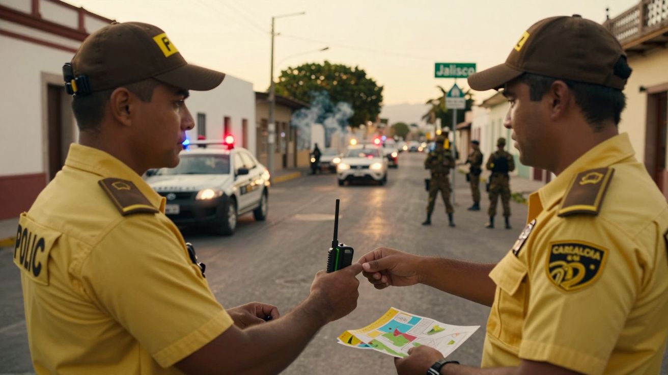 Dois policiais em uniformes amarelos conversam na rua enquanto seguram um rádio e um mapa; carros ao fundo.