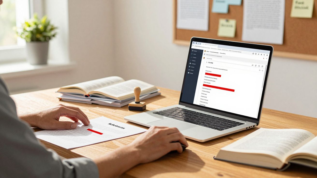 Pessoa a trabalhar num escritório, com portátil, cadernos e documentos sobre a mesa, revendo um relatório impresso.