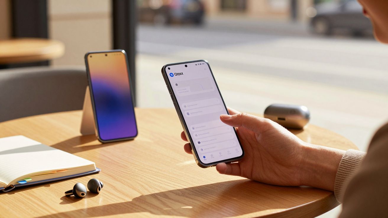 Pessoa segura telemóvel, outro telemóvel em suporte ao lado de notebook e auriculares numa mesa de café iluminada.