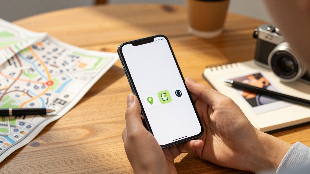 Pessoa segurando smartphone com ícones na tela, mapa, caderno e câmara sobre mesa de madeira.