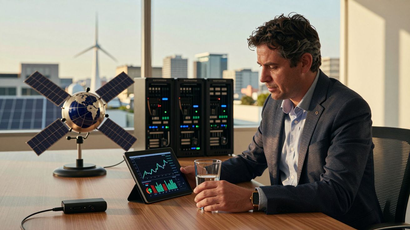 Homem de fato observa gráficos em tablet numa mesa de escritório, com turbina eólica e painel solar ao fundo.