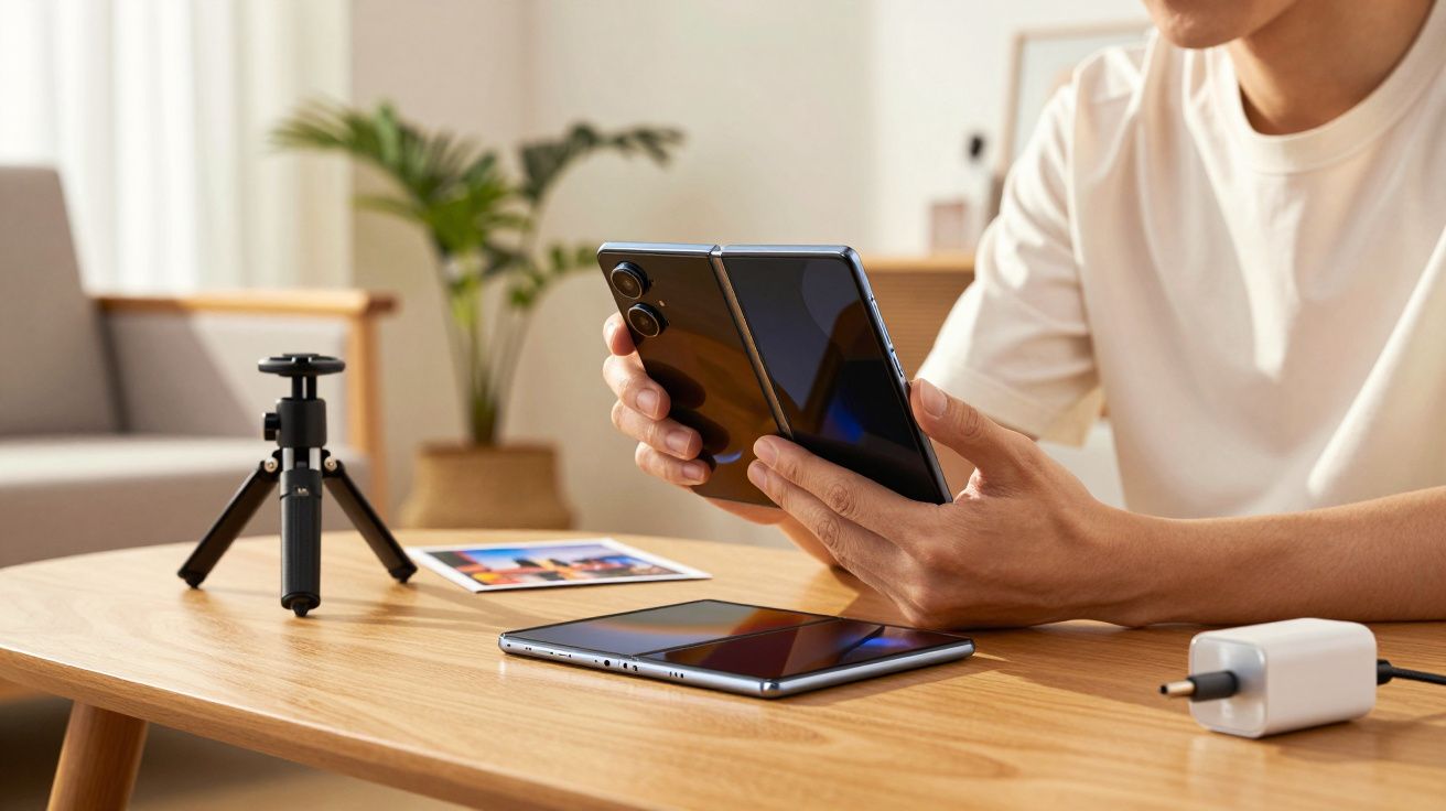 Pessoa segura um smartphone dobrável numa sala, com carregador e tripé sobre a mesa.