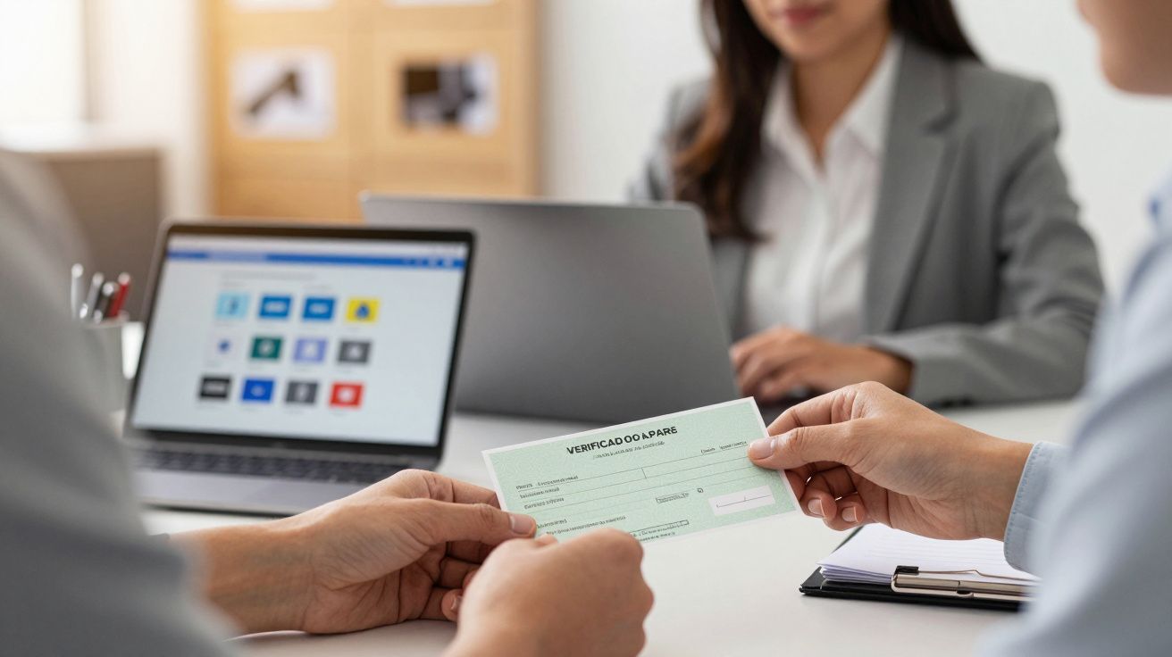 Pessoa segurando um cheque em escritório, com portátil aberto e mulher ao fundo.