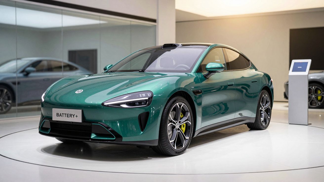 Carro desportivo elétrico verde em showroom moderno com espelho e iluminação suave.