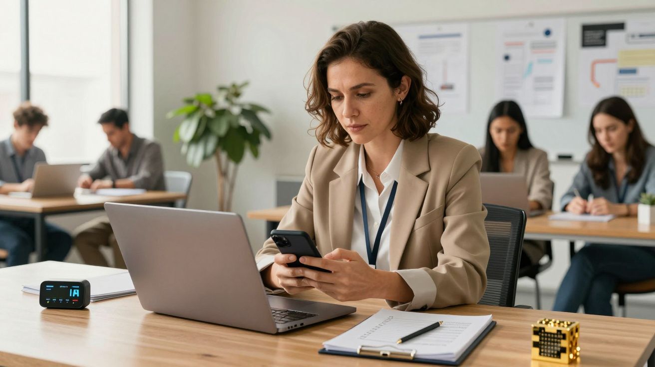 Mulher num escritório a usar smartphone, com portátil e bloco de notas numa mesa; pessoas a trabalhar ao fundo.