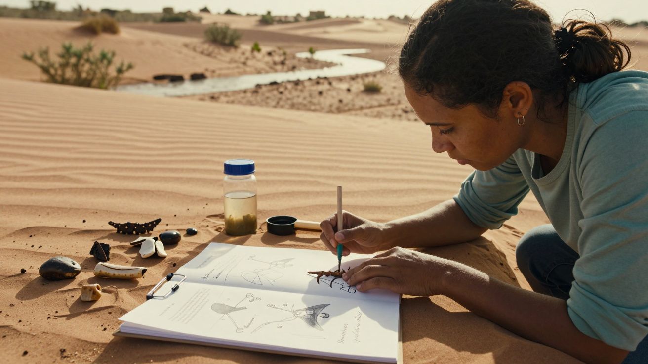 Investigadora em deserto desenha no caderno, rodeada por amostras e frascos, com rio ao fundo.