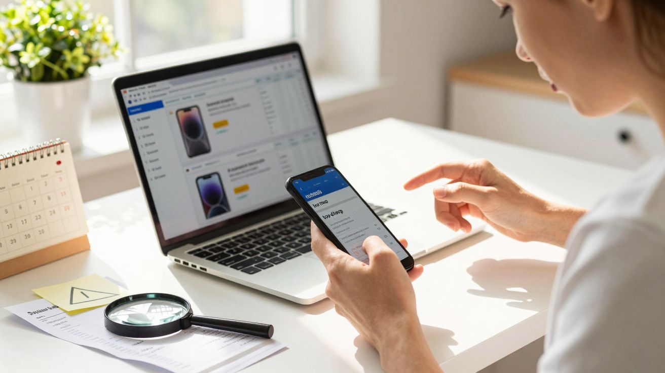 Pessoa usando smartphone e portátil numa secretária, com lupa sobre documentos e calendário ao lado.