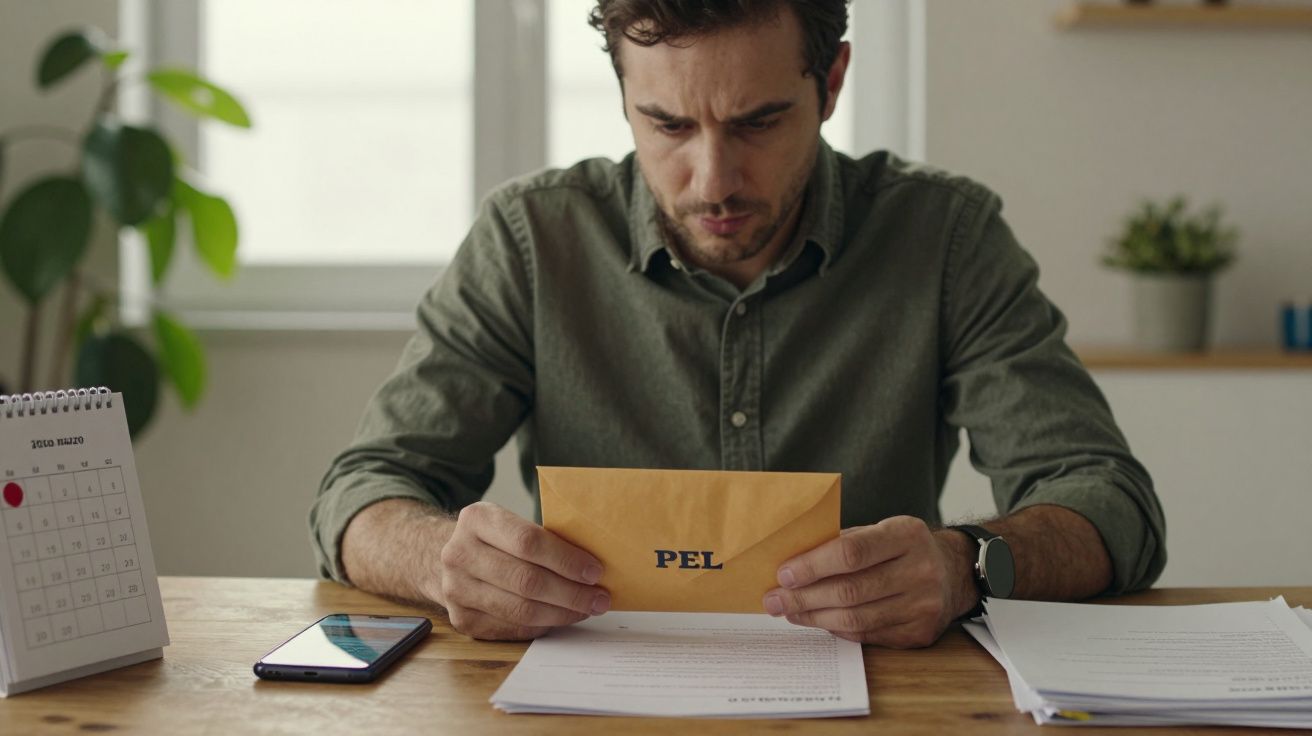 Homem sentado à mesa, segurando envelope marcado "PEL" com papéis, calendário e telemóvel ao lado.