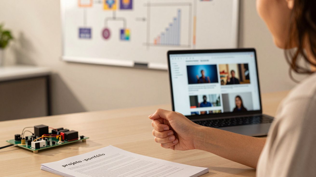 Pessoa em escritório com portátil a mostrar videochamada, documentos sobre a mesa e quadro branco ao fundo.