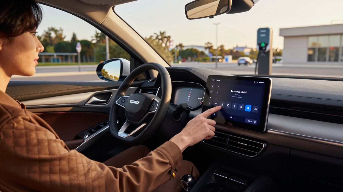 Pessoa no carro a tocar no ecrã tátil no painel de controlo, com posto de carregamento visível pela janela.
